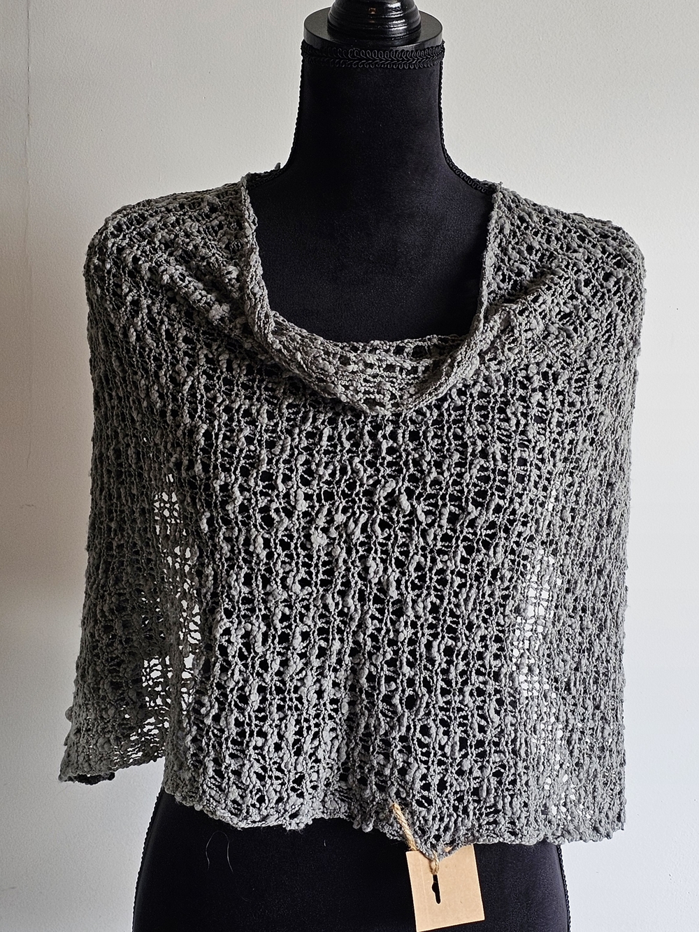 Hand-Knit Gray Open-Weave Women's Sweater Poncho